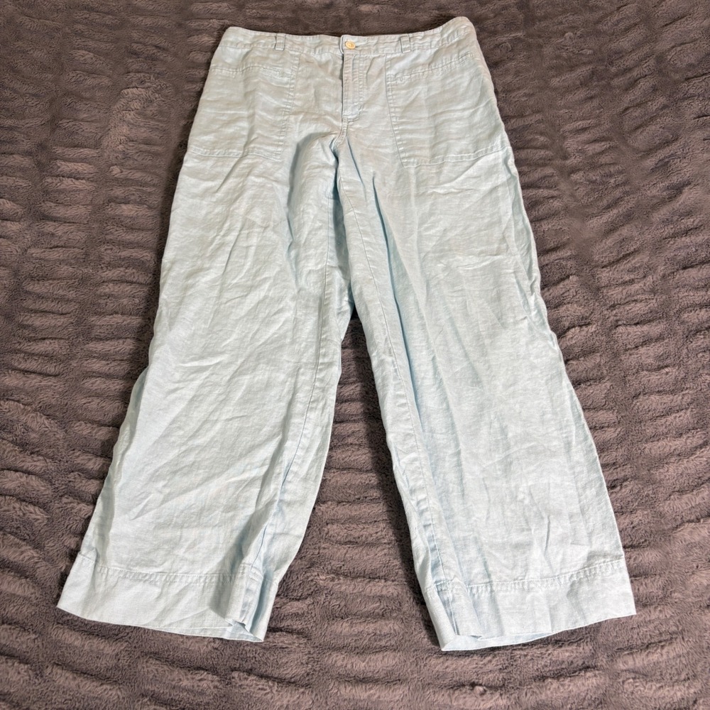 Sigrid Olsen Light Blue 100% Linen Wide Leg Cropped Pants Size 8 Patch Pockets